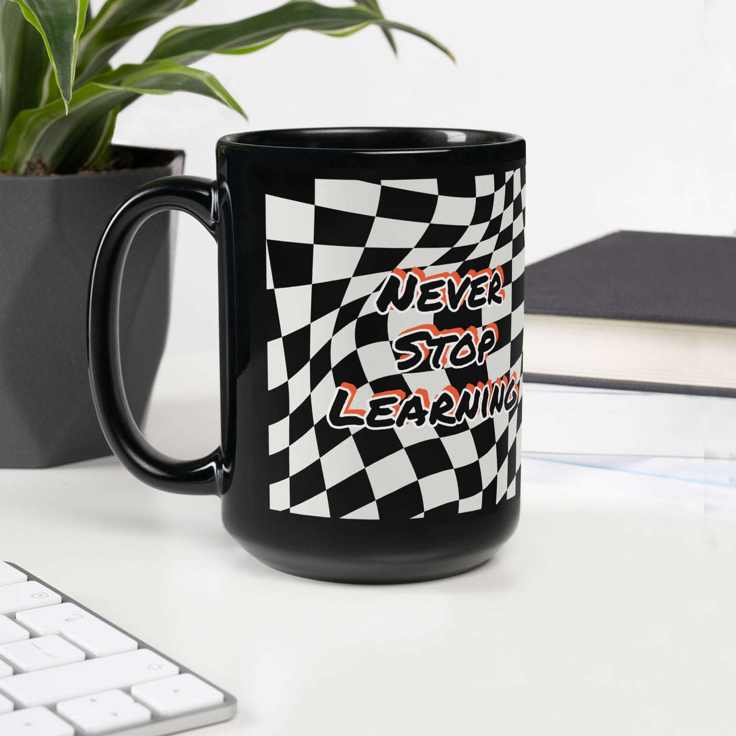 Never Stop Learning Black Glossy Mug
